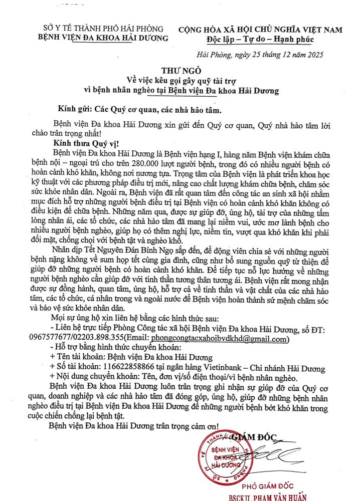 THƯ NGỎ: Về việc kêu gọi gây quỹ tài trợ vì bệnh nhân nghèo năm 2026 tại Bệnh viện Đa khoa Hải Dương